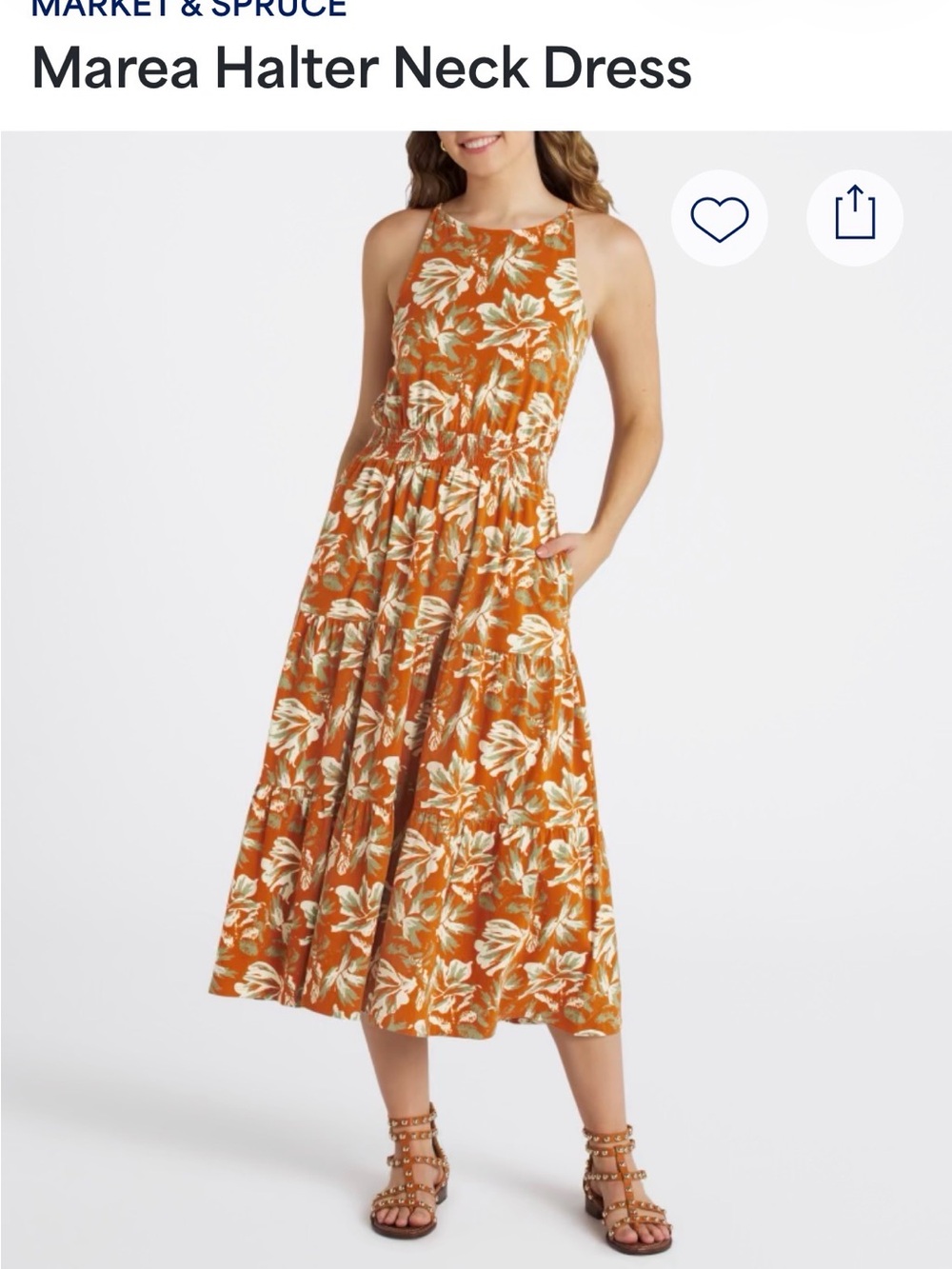Women’s Floral Tiered Halter Neck Dress - Rust & Cream